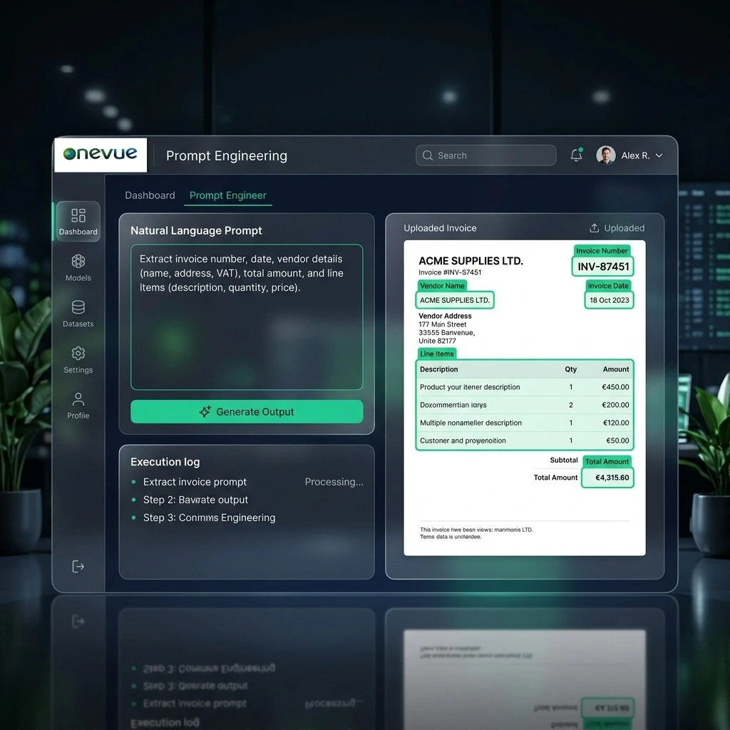 GenAI prompt-based invoice extraction interface — Ecovue OneVue Invoice